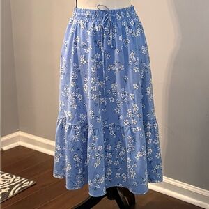Blue floral tiered midi skirt